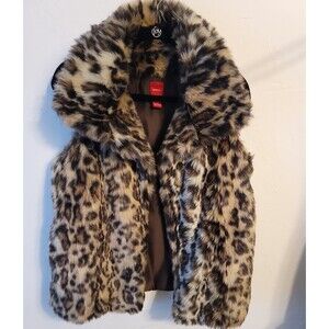 Saks Fifth Avenue RED Faux Fur Leopard Vest Open Front Sz Small/Medium Luxe Feel